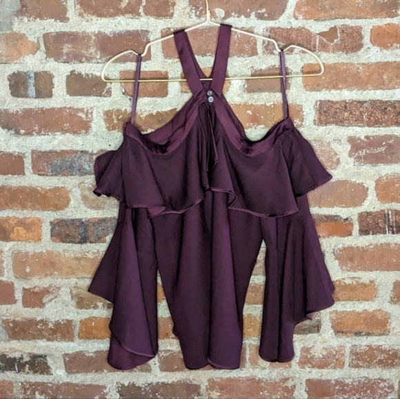 NWT Loft XS Red-ish Purple Cold Shoulder Bell Sleeve Top‎ - Picture 1 of 9
